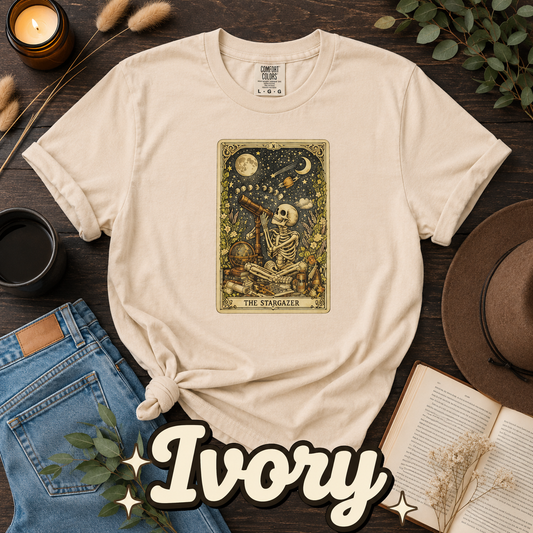 The Stargazer Tarot Skeleton T-Shirt | Celestial Gothic Mystic Graphic Tee