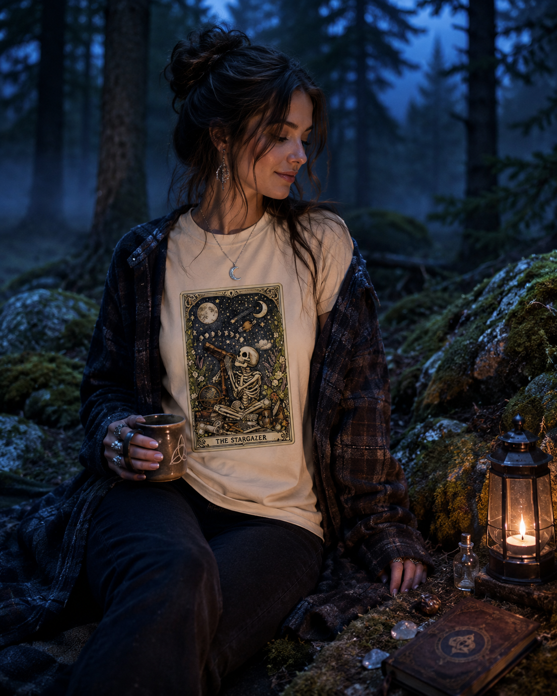 The Stargazer Tarot Skeleton T-Shirt | Celestial Gothic Mystic Graphic Tee