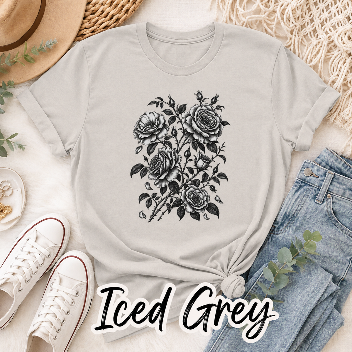 Vintage Rose T-Shirt | Black & White Botanical Floral Tee