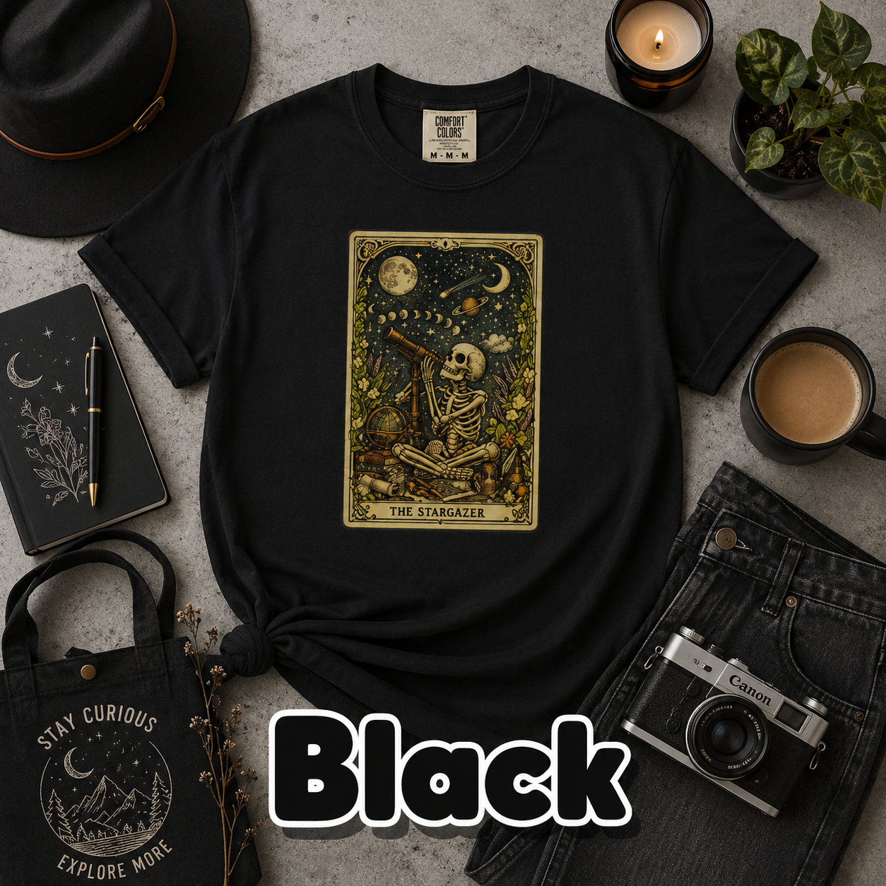 The Stargazer Tarot Skeleton T-Shirt | Celestial Gothic Mystic Graphic Tee