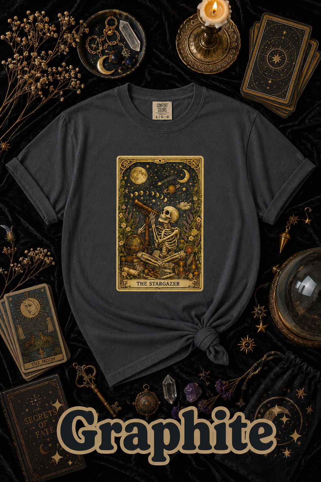 The Stargazer Skeleton Celestial Tarot Graphic T-Shirt