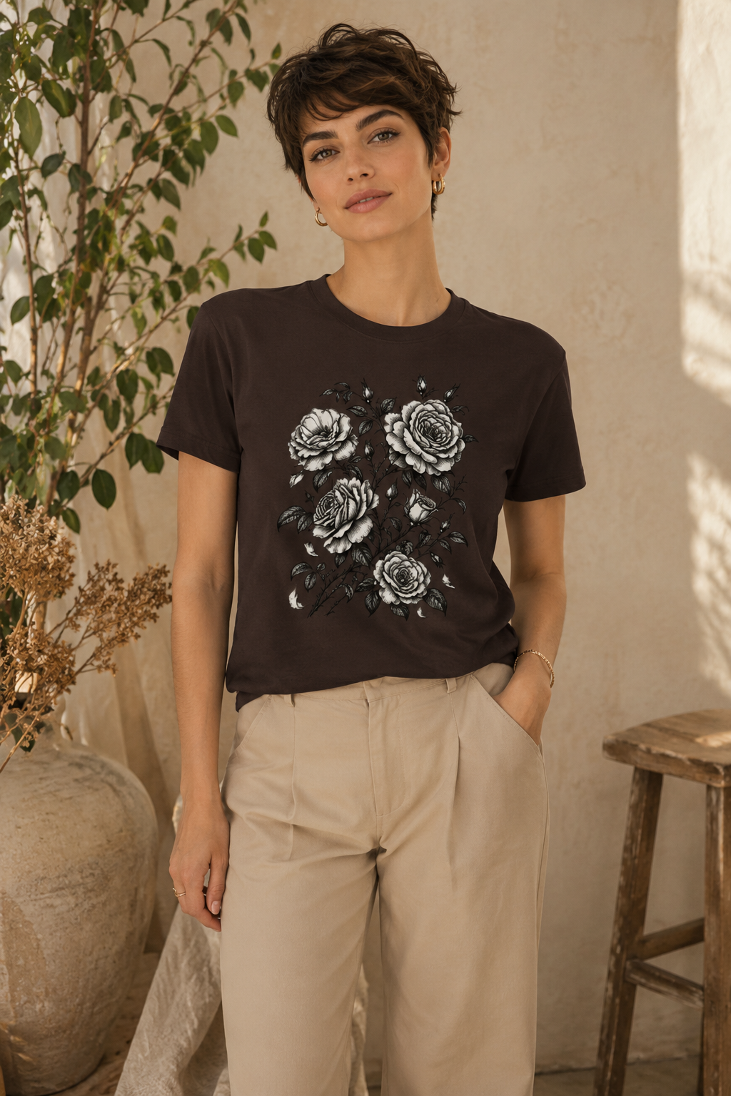 Vintage Rose T-Shirt | Black & White Botanical Floral Tee