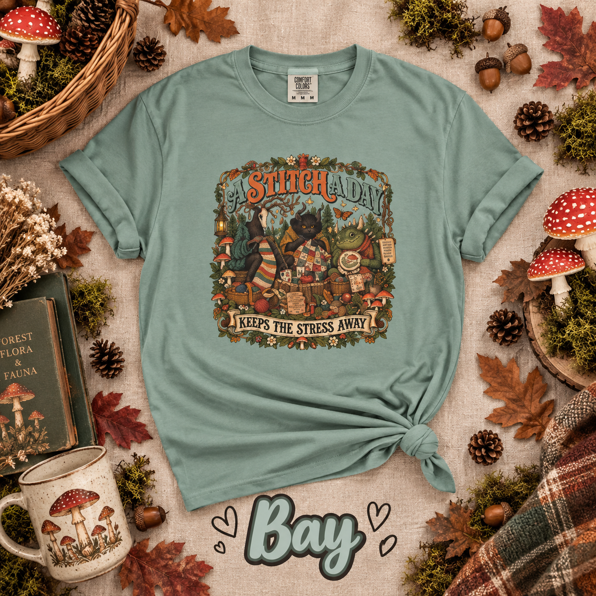 A Stitch a Day Keeps the Stress Away T-Shirt | Cozy Cryptid Craft Tee