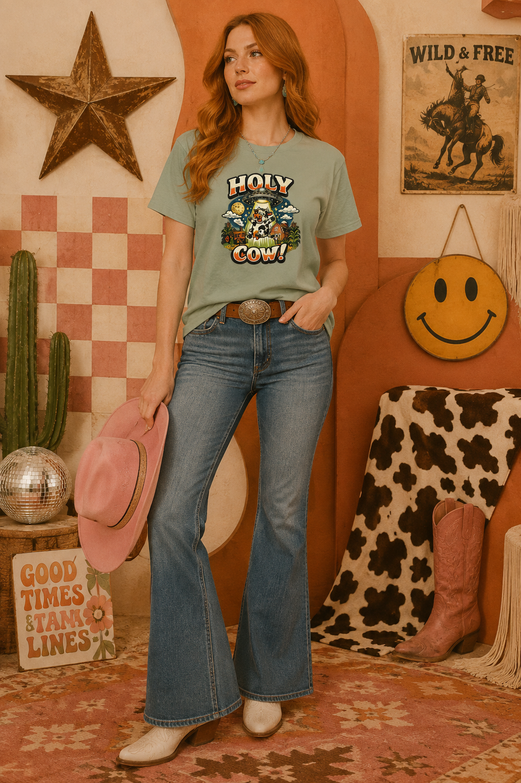 Holy Cow UFO Alien Abduction Funny Graphic T-Shirt