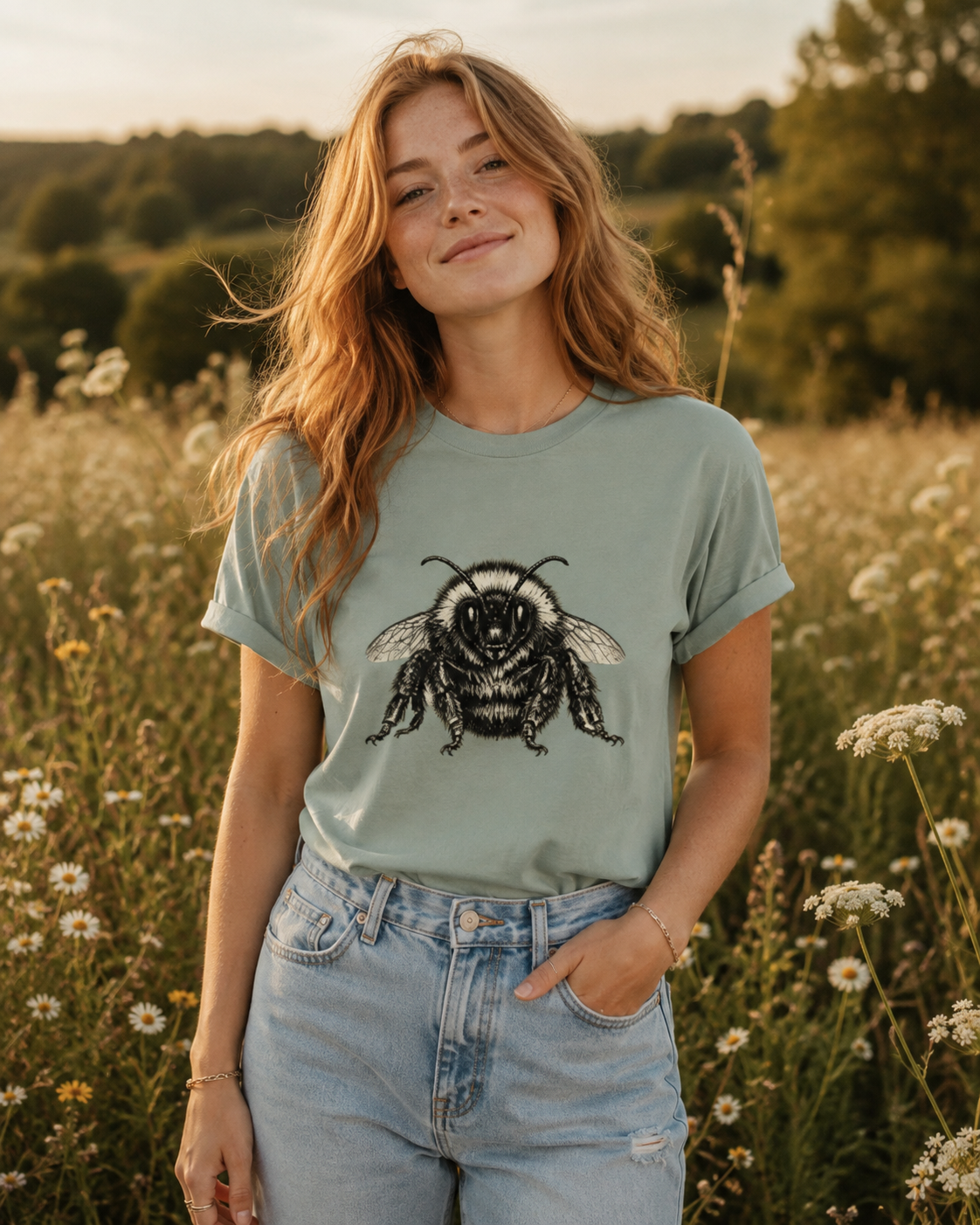 Vintage Bumblebee Botanical Illustration Graphic T-Shirt