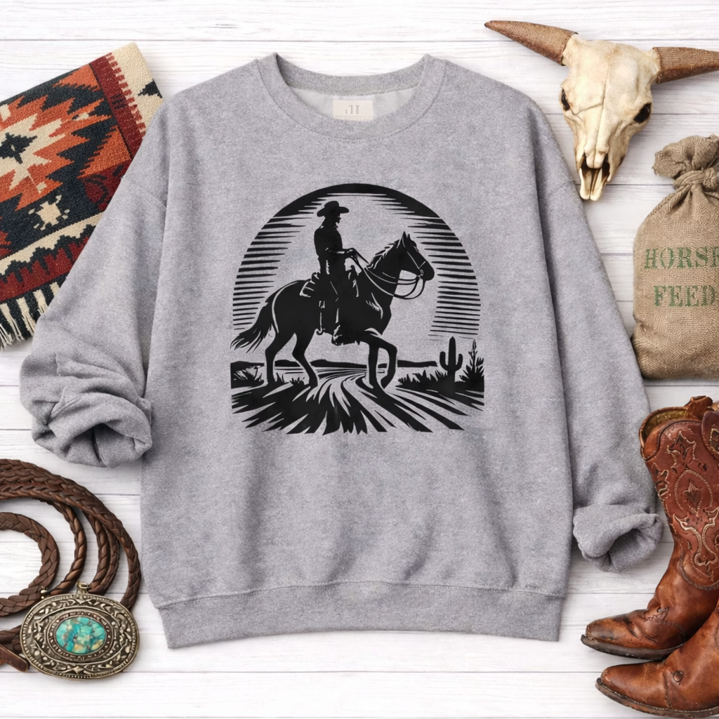 Cowboy Silhouette Horse Sweatshirt | Western Sunset Crewneck