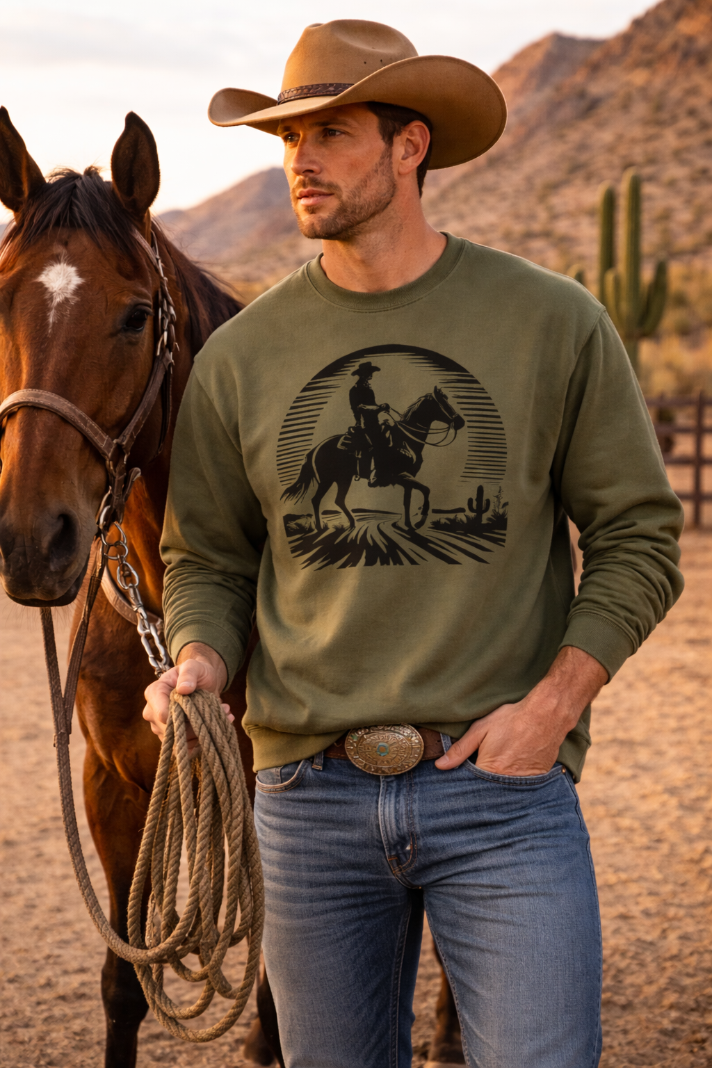 Cowboy Silhouette Horse Sweatshirt | Western Sunset Crewneck