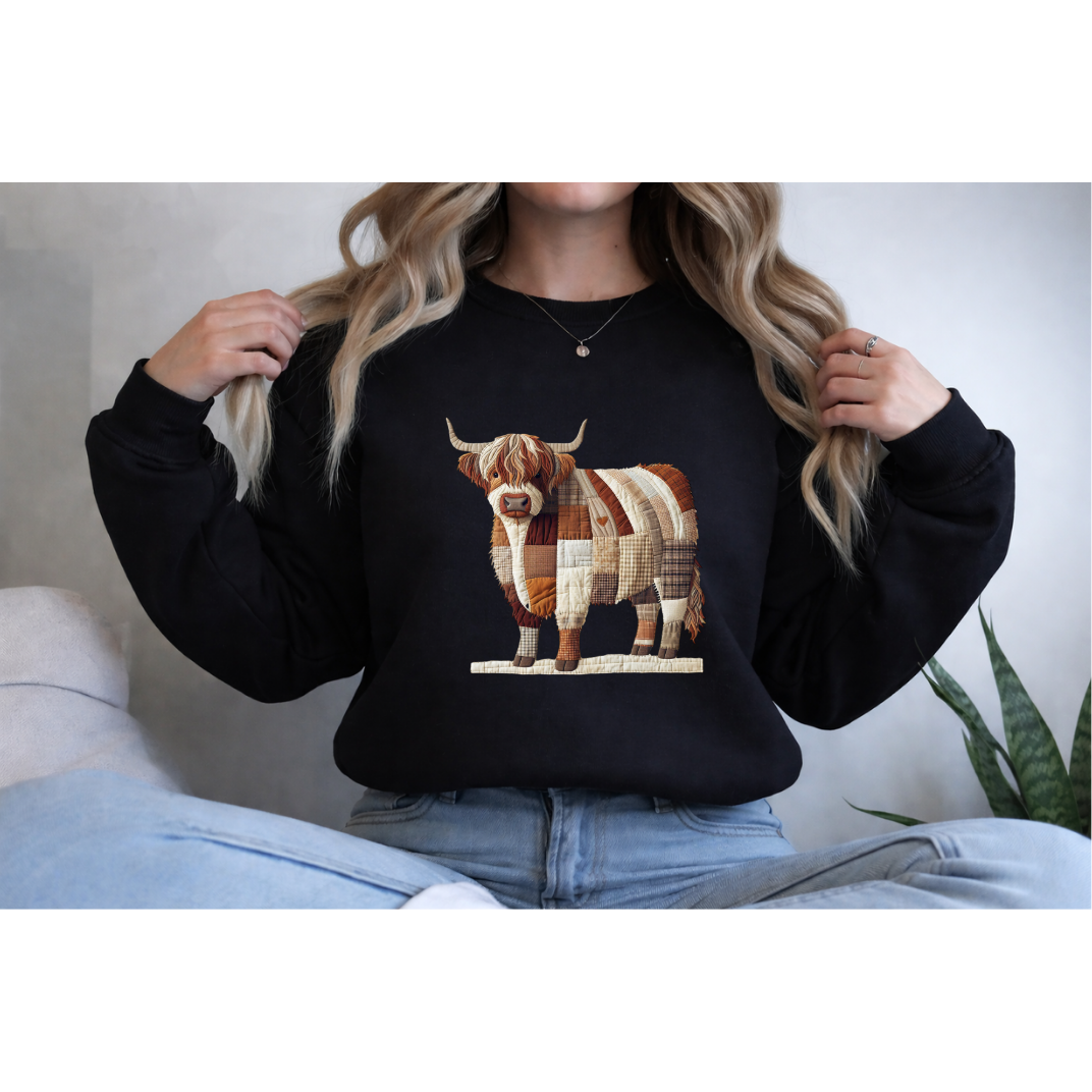 Patchwork Highland Cow Sweatshirt – Cozy Farm Animal Crewneck | Ember Heights