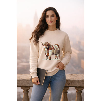 Patchwork Highland Cow Sweatshirt – Cozy Farm Animal Crewneck | Ember Heights