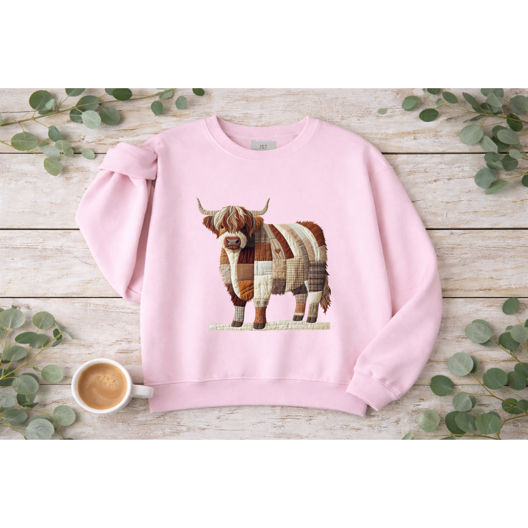Patchwork Highland Cow Sweatshirt – Cozy Farm Animal Crewneck | Ember Heights