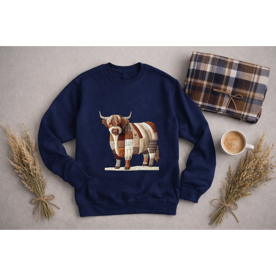 Patchwork Highland Cow Sweatshirt – Cozy Farm Animal Crewneck | Ember Heights