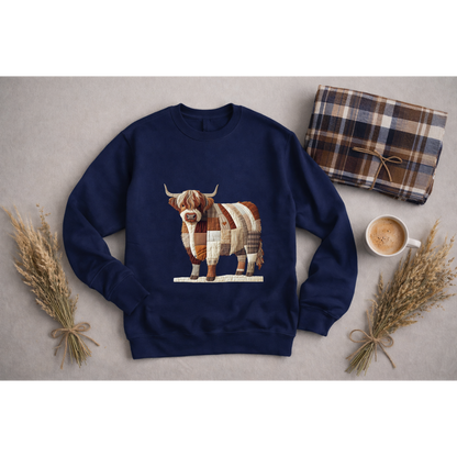 Patchwork Highland Cow Sweatshirt – Cozy Farm Animal Crewneck | Ember Heights