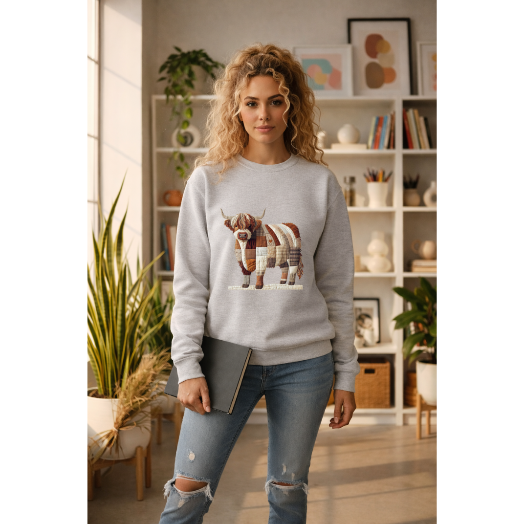 Patchwork Highland Cow Sweatshirt – Cozy Farm Animal Crewneck | Ember Heights