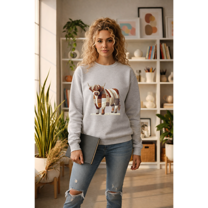 Patchwork Highland Cow Sweatshirt – Cozy Farm Animal Crewneck | Ember Heights