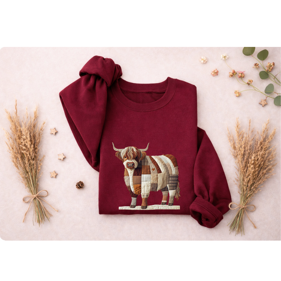Patchwork Highland Cow Sweatshirt – Cozy Farm Animal Crewneck | Ember Heights