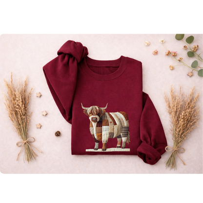 Patchwork Highland Cow Sweatshirt – Cozy Farm Animal Crewneck | Ember Heights