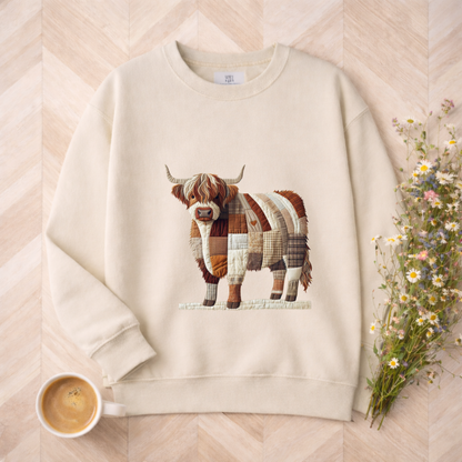 Patchwork Highland Cow Sweatshirt – Cozy Farm Animal Crewneck | Ember Heights