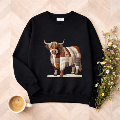 Patchwork Highland Cow Sweatshirt – Cozy Farm Animal Crewneck | Ember Heights