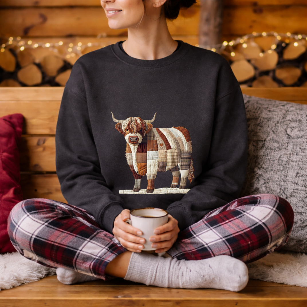 Patchwork Highland Cow Sweatshirt – Cozy Farm Animal Crewneck | Ember Heights