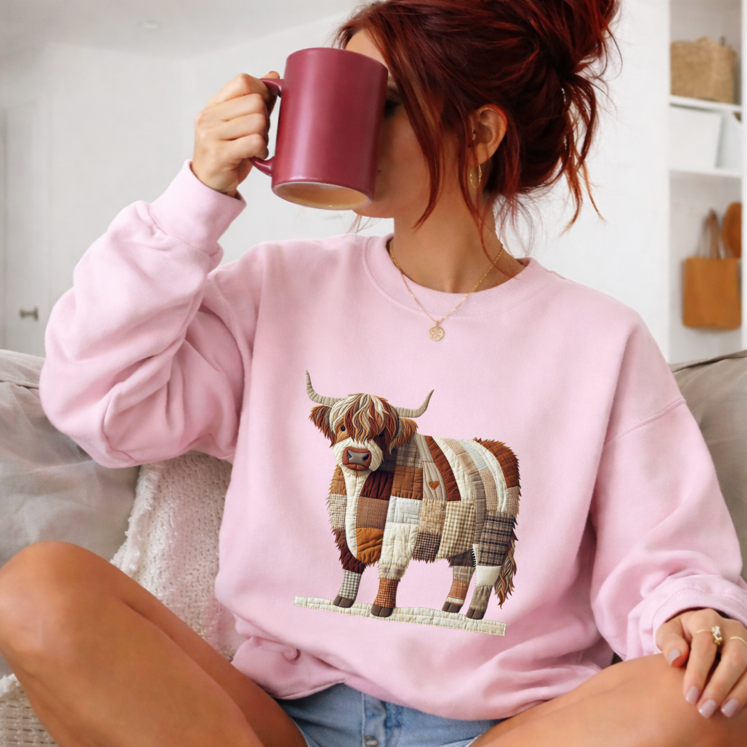 Patchwork Highland Cow Sweatshirt – Cozy Farm Animal Crewneck | Ember Heights