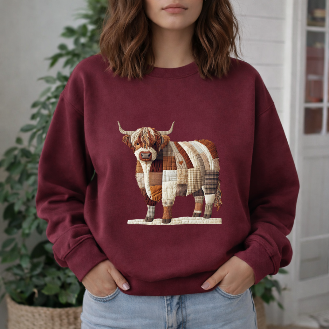 Patchwork Highland Cow Sweatshirt – Cozy Farm Animal Crewneck | Ember Heights