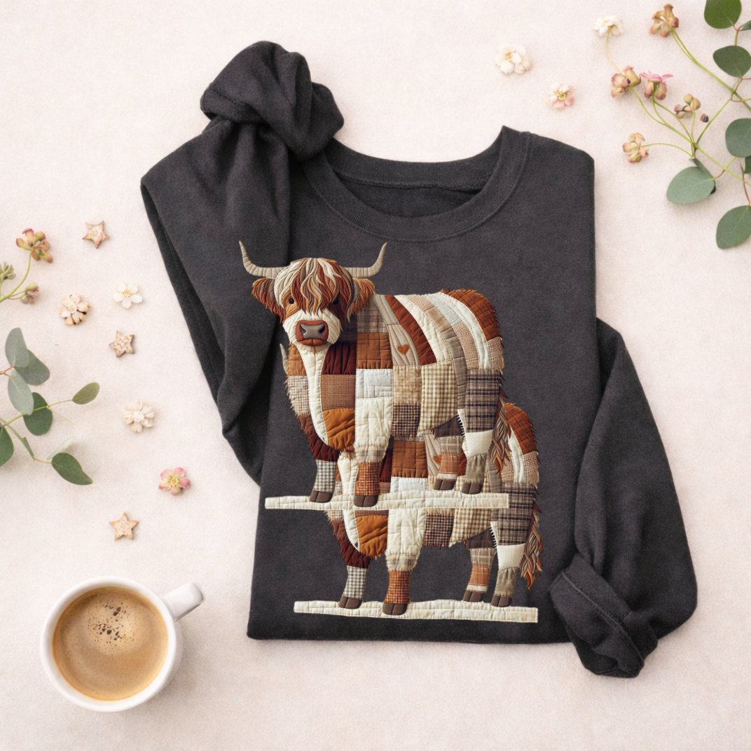 Patchwork Highland Cow Sweatshirt – Cozy Farm Animal Crewneck | Ember Heights