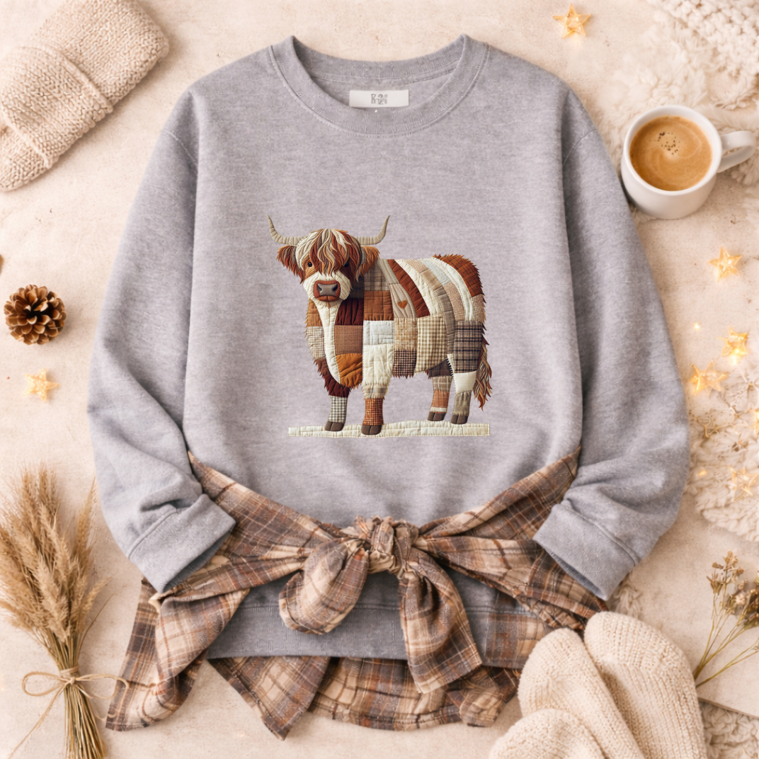 Patchwork Highland Cow Sweatshirt – Cozy Farm Animal Crewneck | Ember Heights