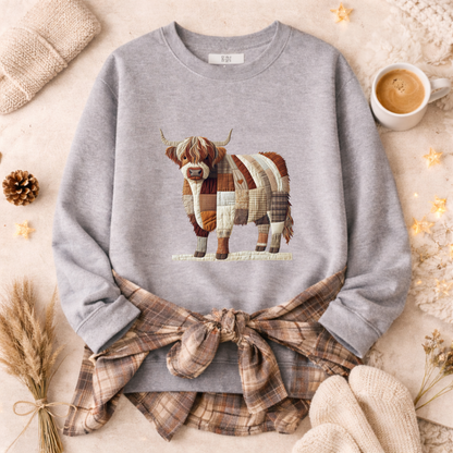 Patchwork Highland Cow Sweatshirt – Cozy Farm Animal Crewneck | Ember Heights