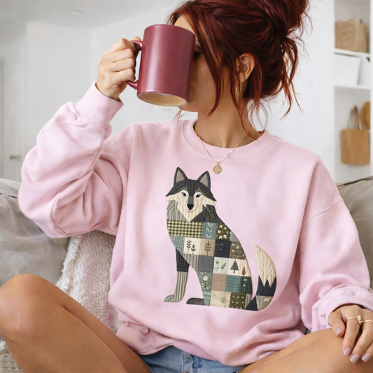 Patchwork Wolf Sweatshirt – Cozy Woodland Animal Crewneck | Ember Heights