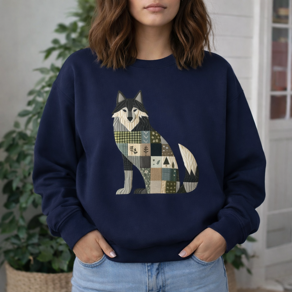 Patchwork Wolf Sweatshirt – Cozy Woodland Animal Crewneck | Ember Heights