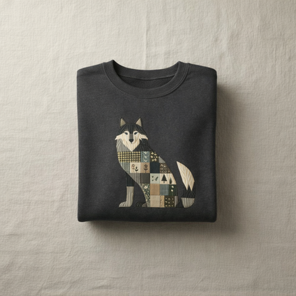 Patchwork Wolf Sweatshirt – Cozy Woodland Animal Crewneck | Ember Heights
