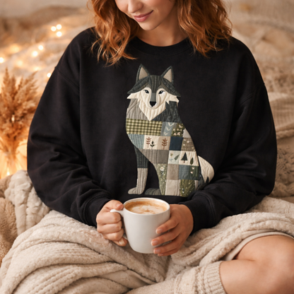Patchwork Wolf Sweatshirt – Cozy Woodland Animal Crewneck | Ember Heights