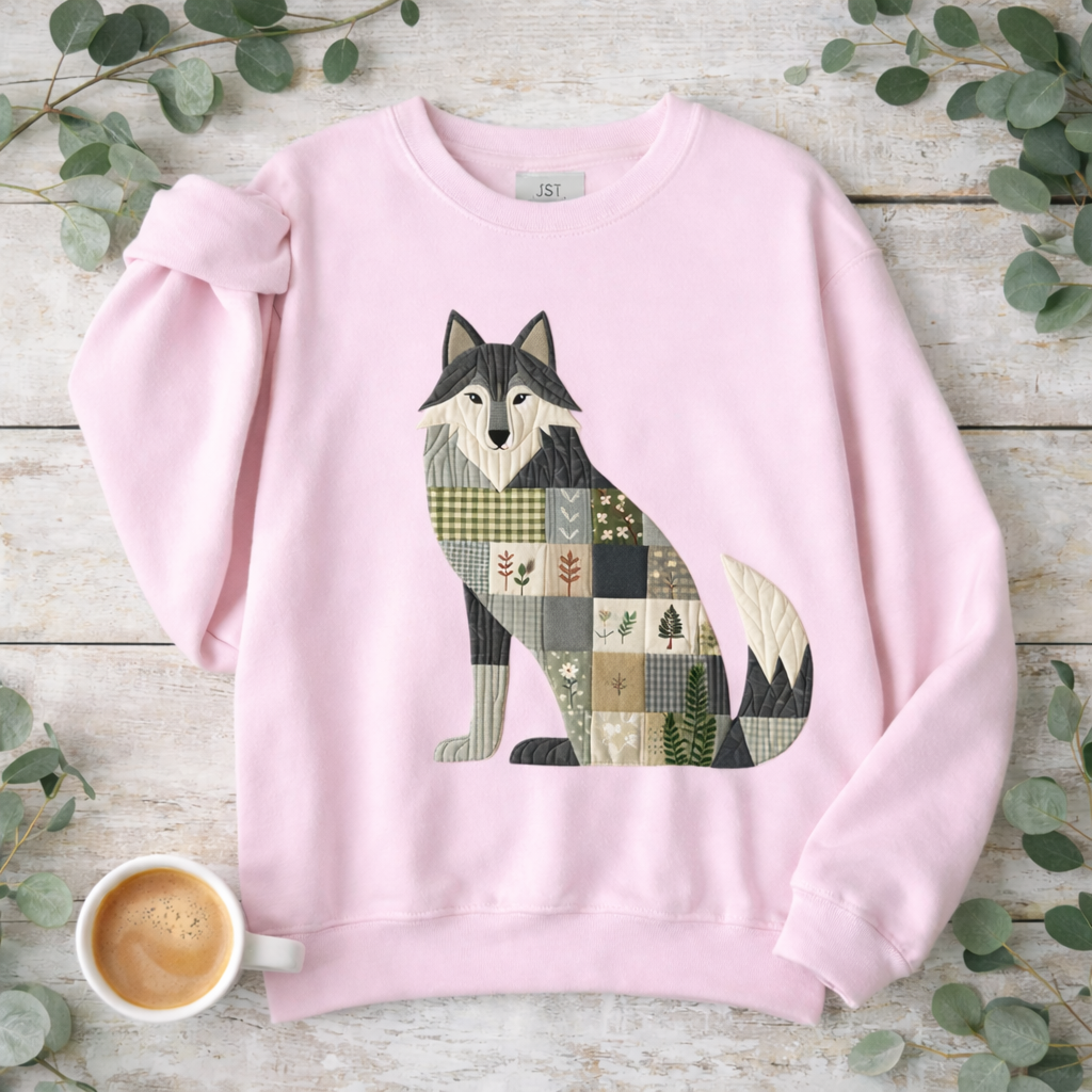 Patchwork Wolf Sweatshirt – Cozy Woodland Animal Crewneck | Ember Heights