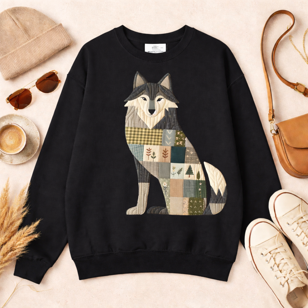 Patchwork Wolf Sweatshirt – Cozy Woodland Animal Crewneck | Ember Heights