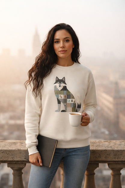 Patchwork Wolf Sweatshirt – Cozy Woodland Animal Crewneck | Ember Heights