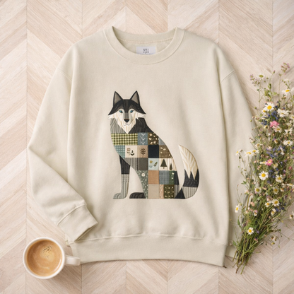 Patchwork Wolf Sweatshirt – Cozy Woodland Animal Crewneck | Ember Heights