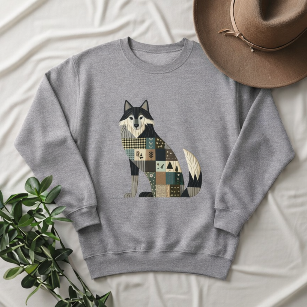 Patchwork Wolf Sweatshirt – Cozy Woodland Animal Crewneck | Ember Heights