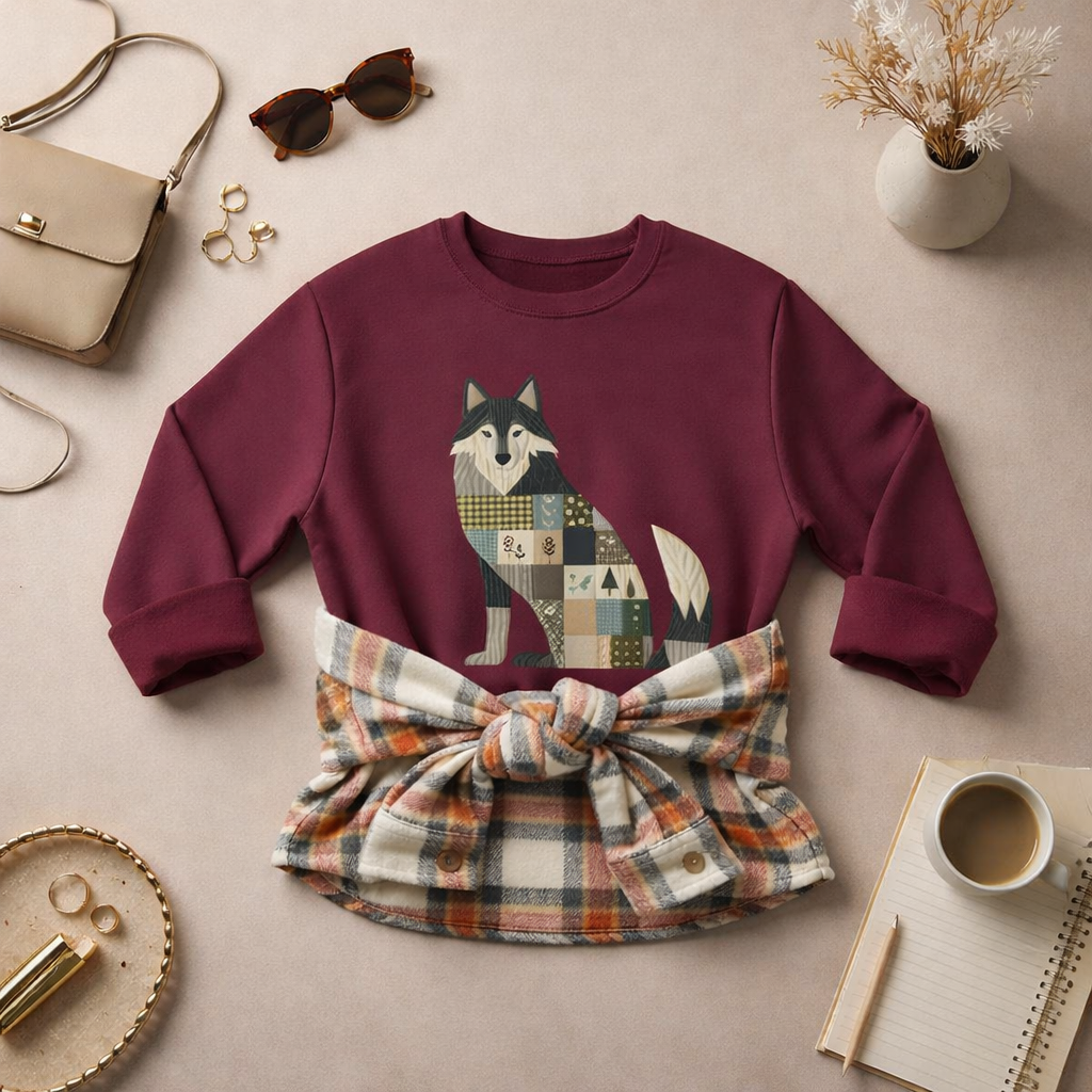 Patchwork Wolf Sweatshirt – Cozy Woodland Animal Crewneck | Ember Heights
