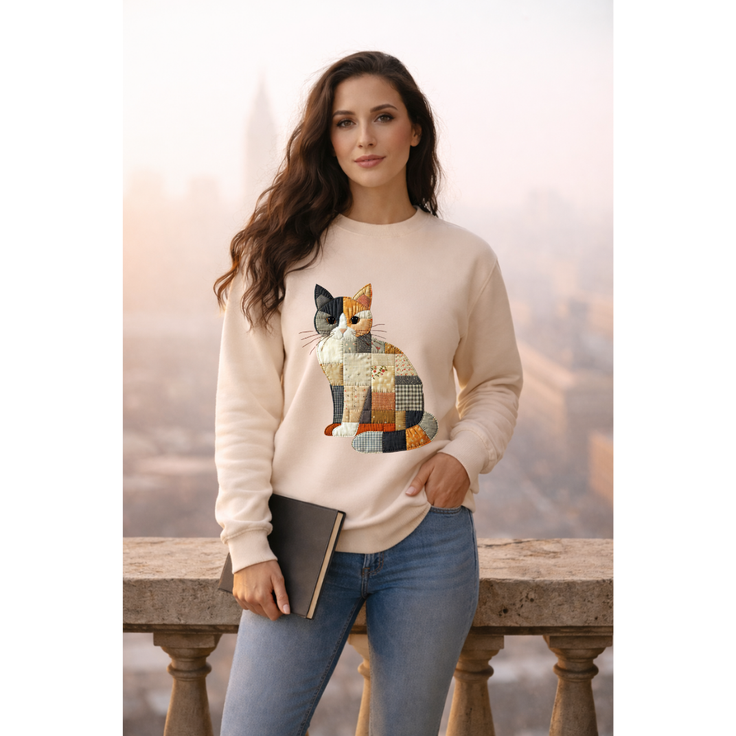 Patchwork Cat Sweatshirt | Cozy Woodland Animal Crewneck – Ember Heights