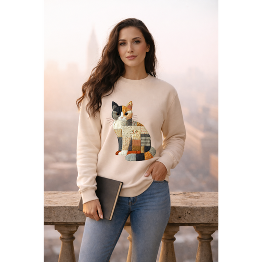 Patchwork Cat Sweatshirt | Cozy Woodland Animal Crewneck – Ember Heights