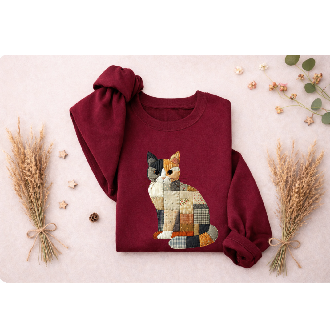 Patchwork Cat Sweatshirt | Cozy Woodland Animal Crewneck – Ember Heights