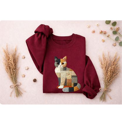 Patchwork Cat Sweatshirt | Cozy Woodland Animal Crewneck – Ember Heights