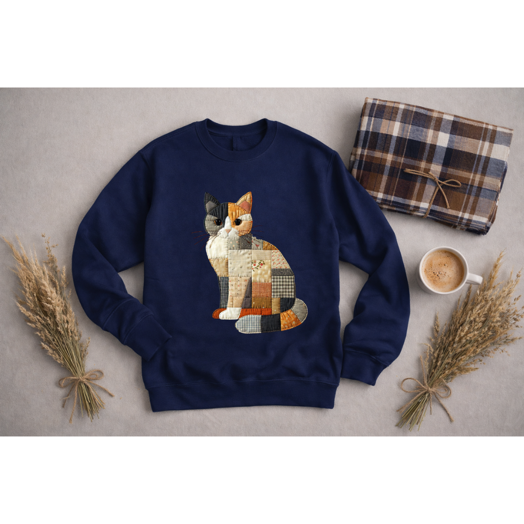 Patchwork Cat Sweatshirt | Cozy Woodland Animal Crewneck – Ember Heights