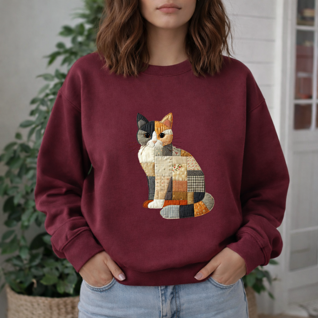 Patchwork Cat Sweatshirt | Cozy Woodland Animal Crewneck – Ember Heights