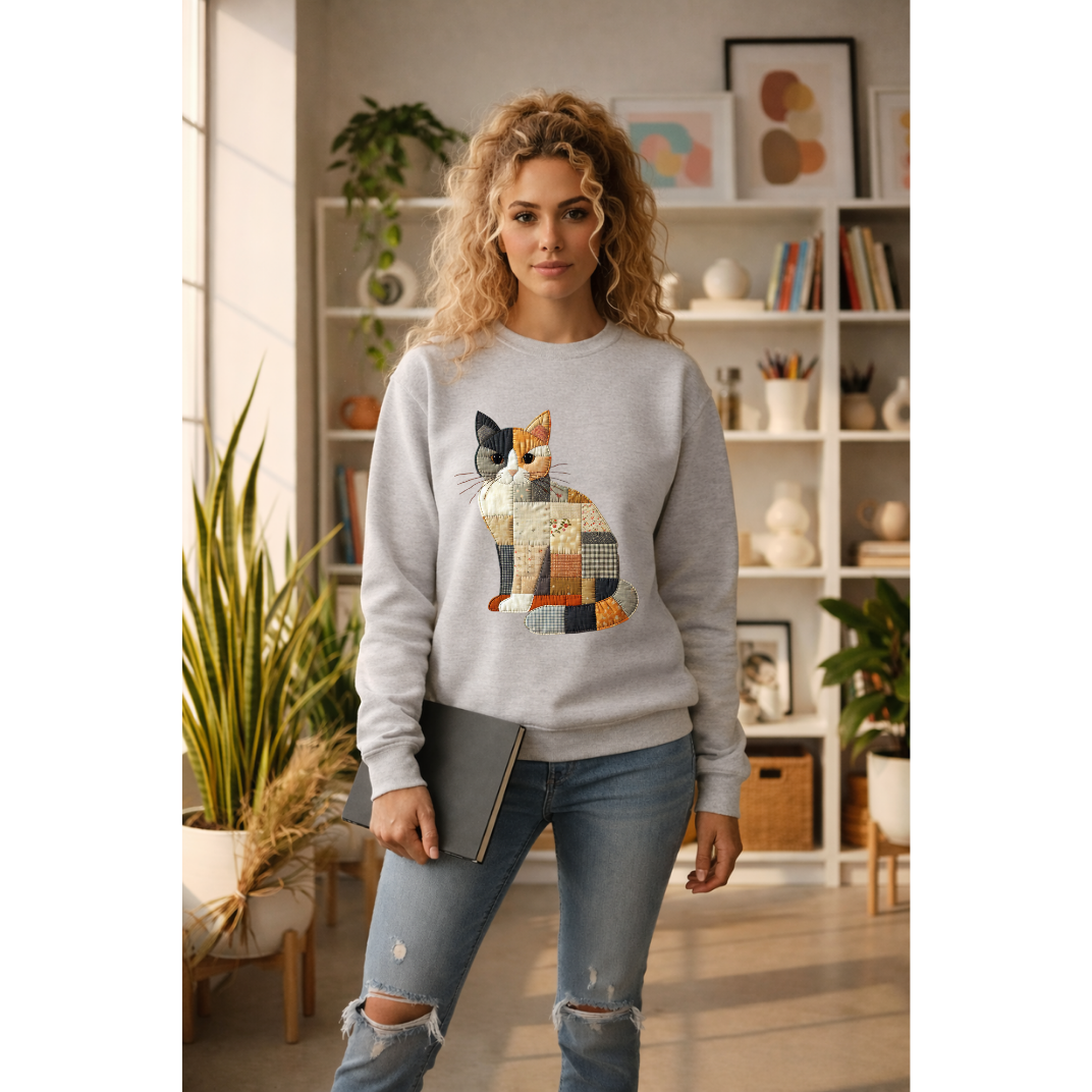 Patchwork Cat Sweatshirt | Cozy Woodland Animal Crewneck – Ember Heights