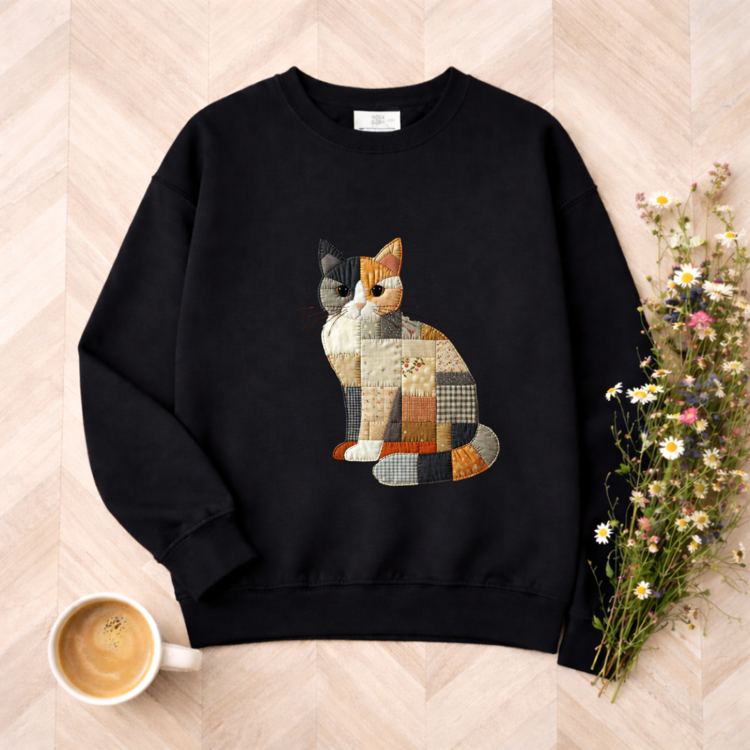 Patchwork Cat Sweatshirt | Cozy Woodland Animal Crewneck – Ember Heights