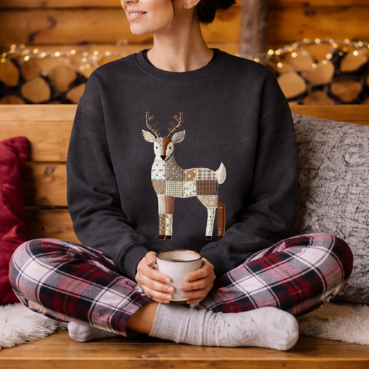 Patchwork Deer Sweatshirt | Cozy Woodland Animal Crewneck – Ember Heightsr