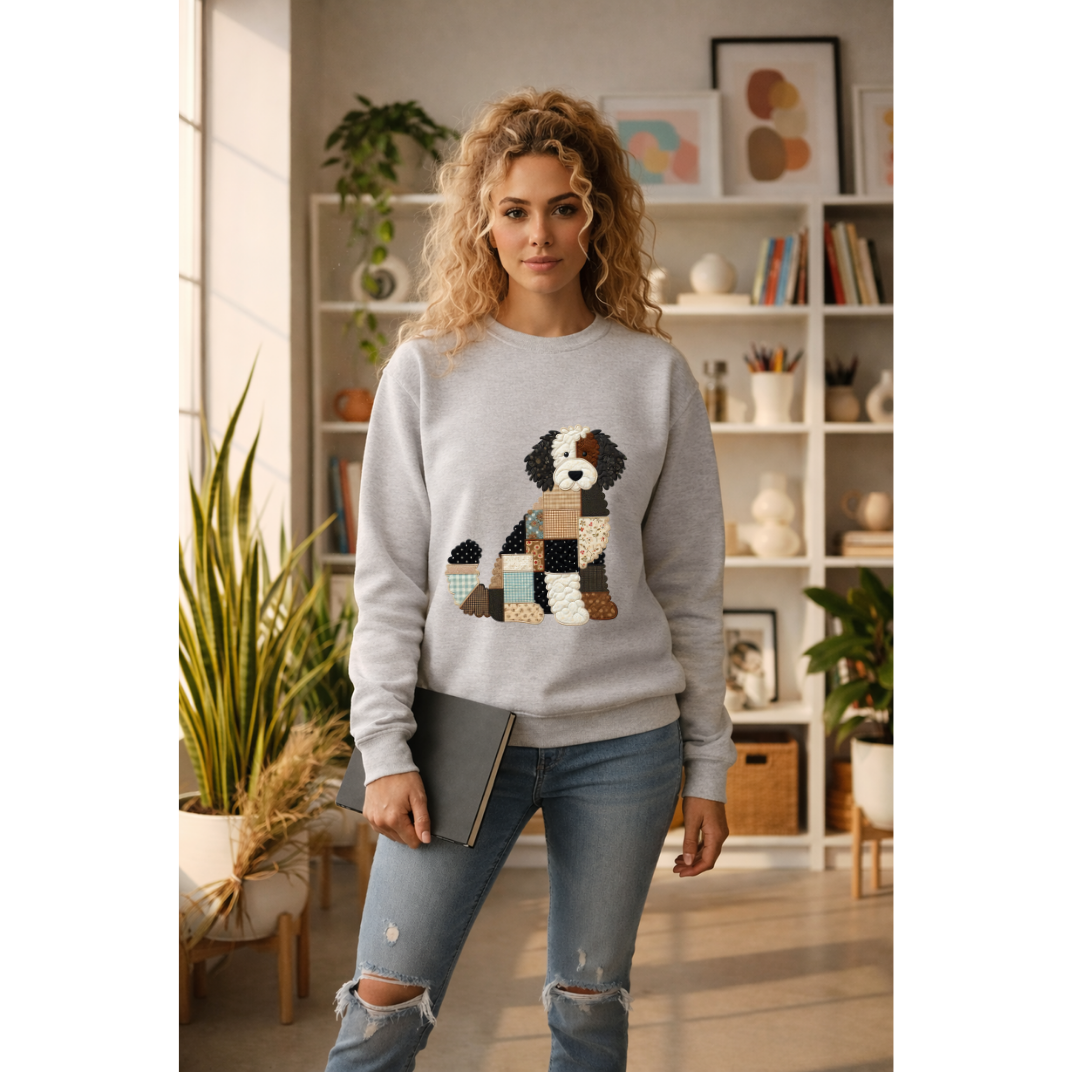 Patchwork Bernedoodle Sweatshirt | Cozy Woodland Animal Crewneck – Ember Heights