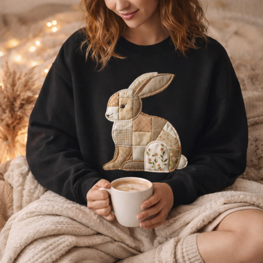 Patchwork Bunny Sweatshirt | Cozy Woodland Animal Crewneck – Ember Heights