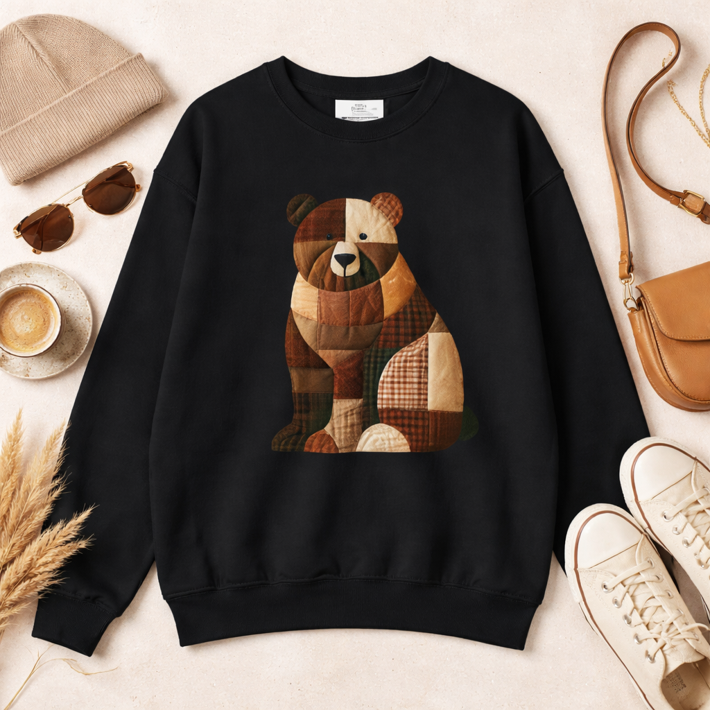 Patchwork Bear Sweatshirt | Cozy Woodland Animal Crewneck – Ember Heights
